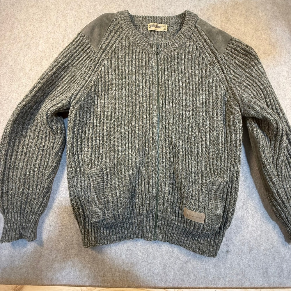 Brenire Scotland Mens Pure New Wool Full Zip Ribbed Cardigan Sweater Grey Green